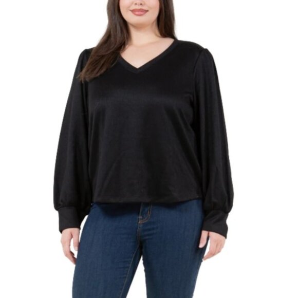 Fever Ladies Rib Knit Long Sleeve V-neck Top Black - Size XL NWT - Picture 1 of 5